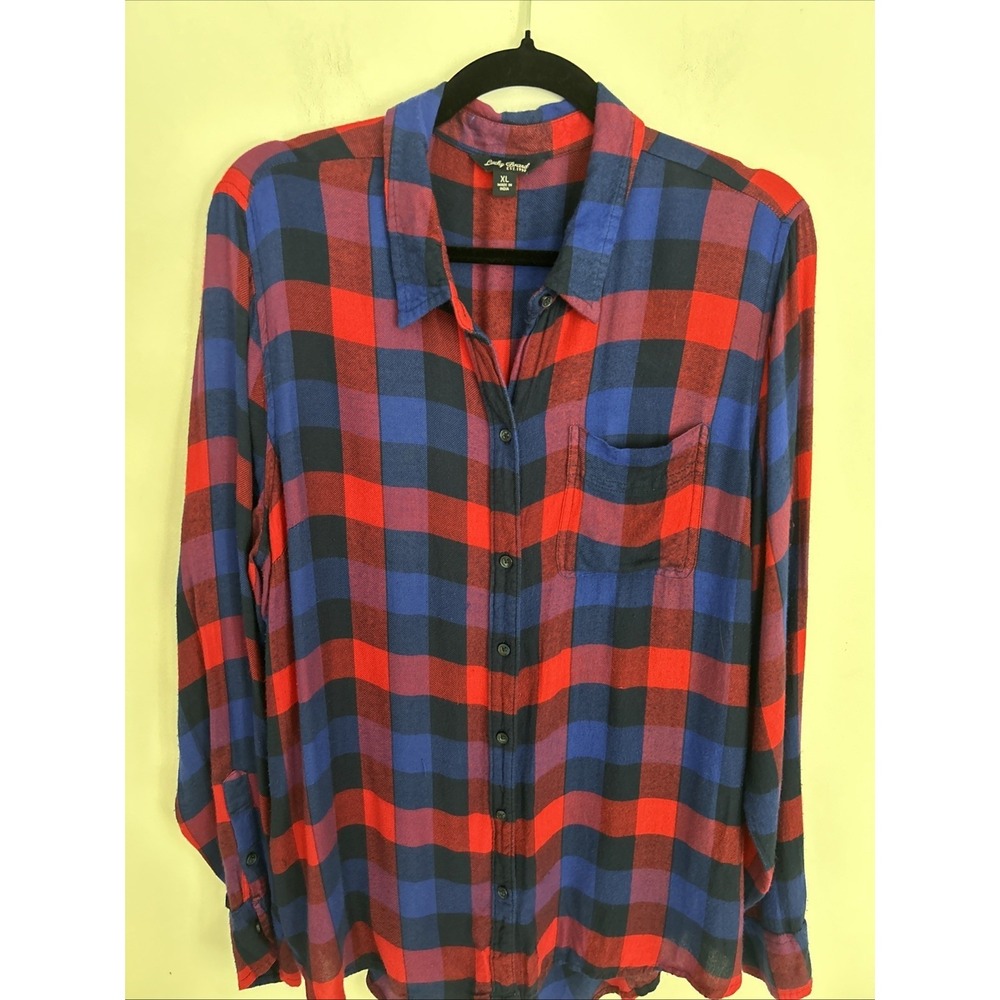 Lucky Brand Red Plaid Flannel Button Down Long Sleeve Shirt‎ Women's Size XL
